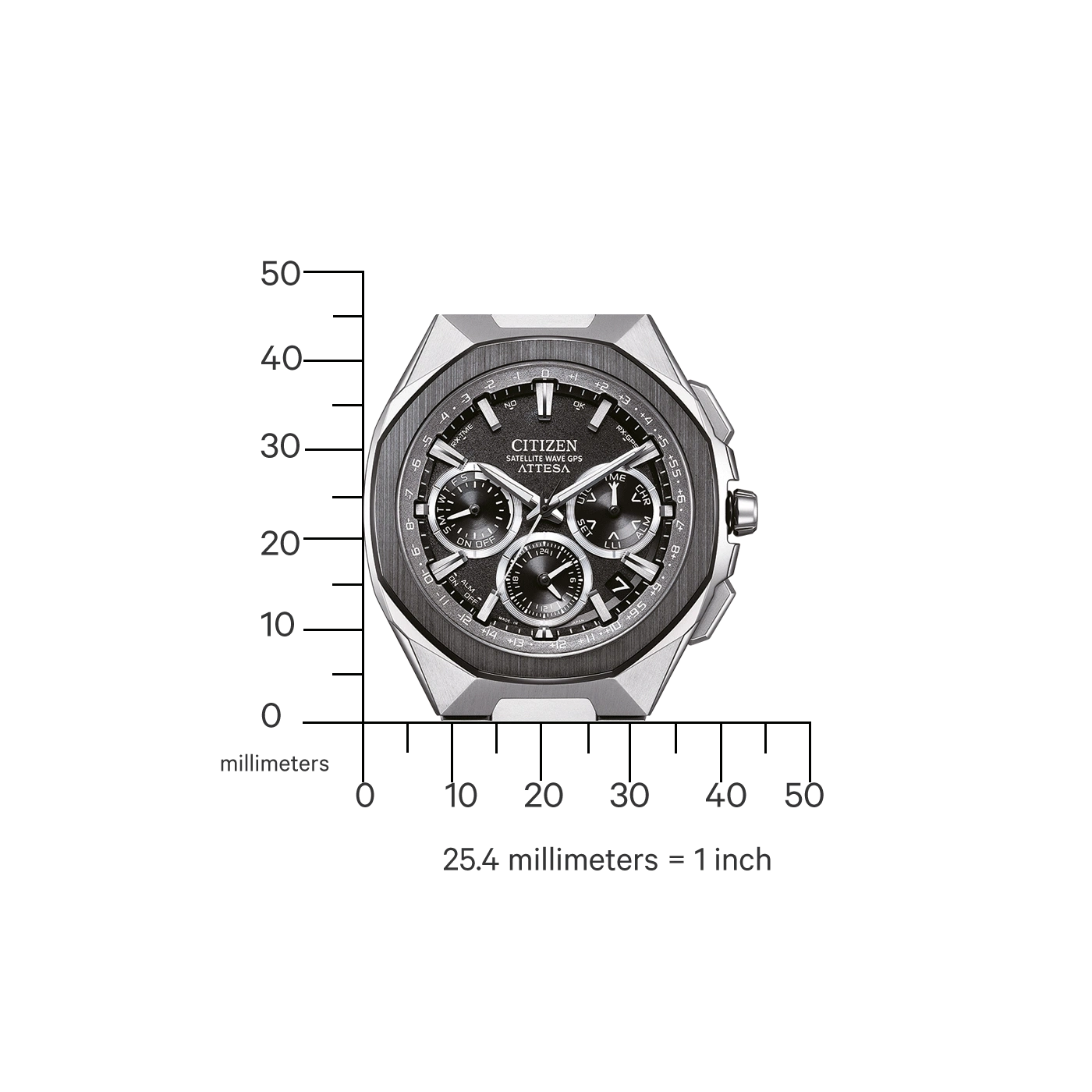 Citizen Attesa watch with scale, showing millimeters and inches for size comparison.