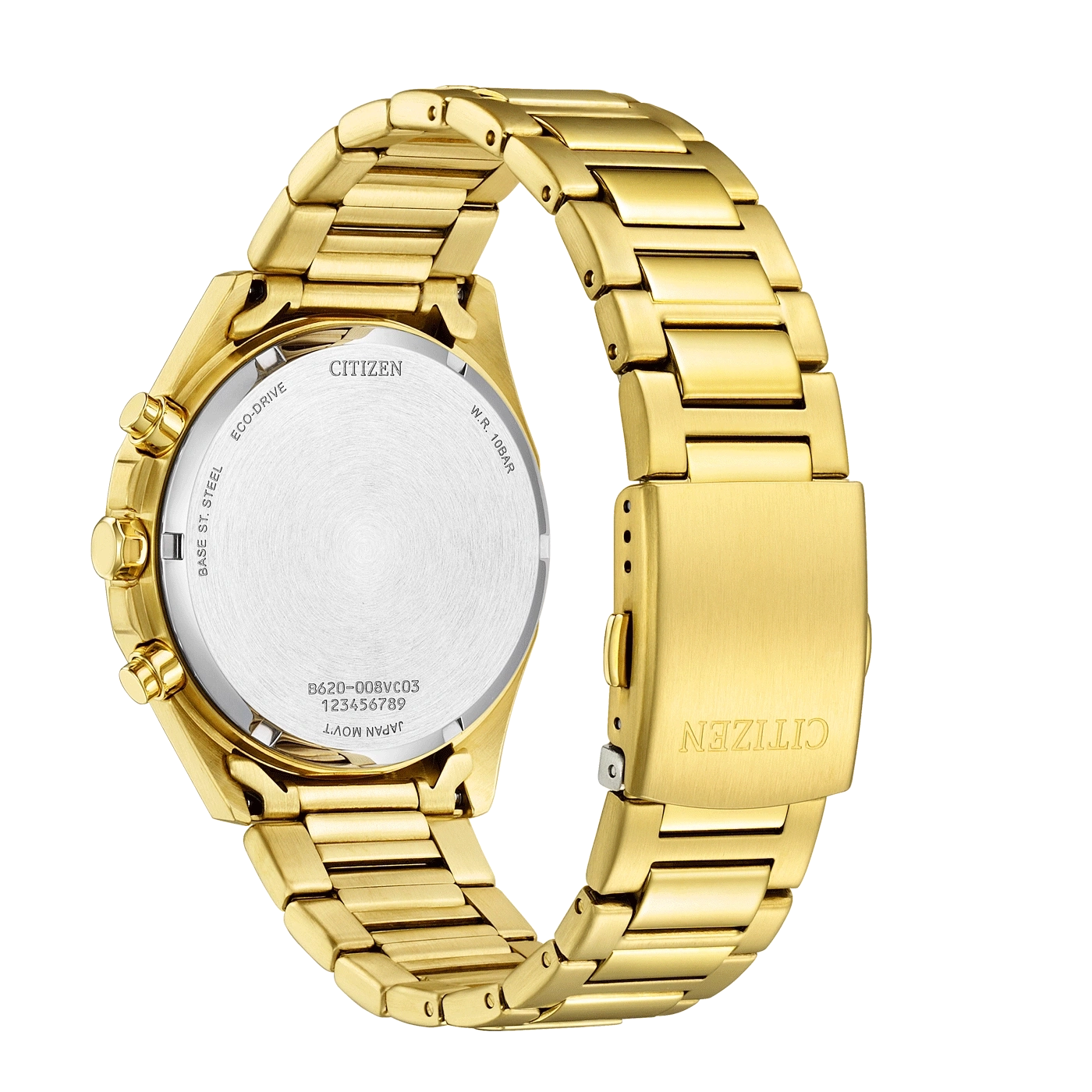 Citizen watch, gold, back view, Eco-Drive, stainless steel, Japan movement.