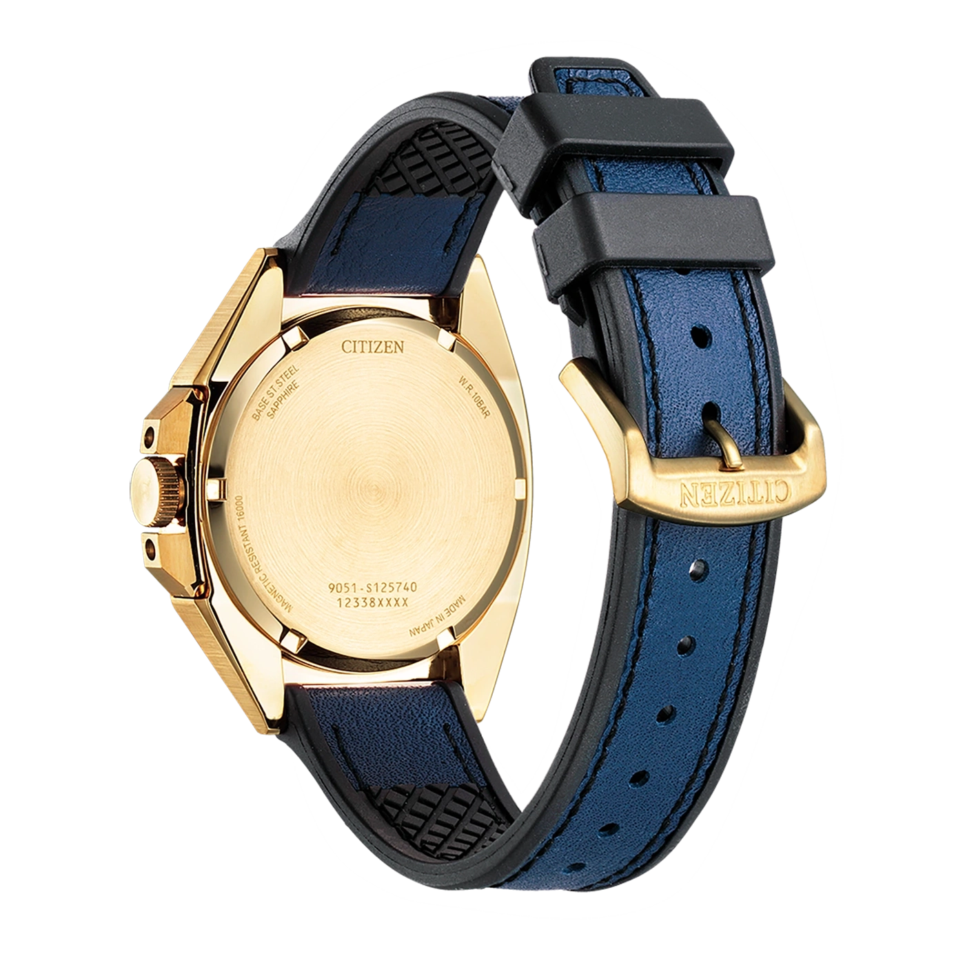 Citizen watch with gold case, blue strap, and brand details on the back.