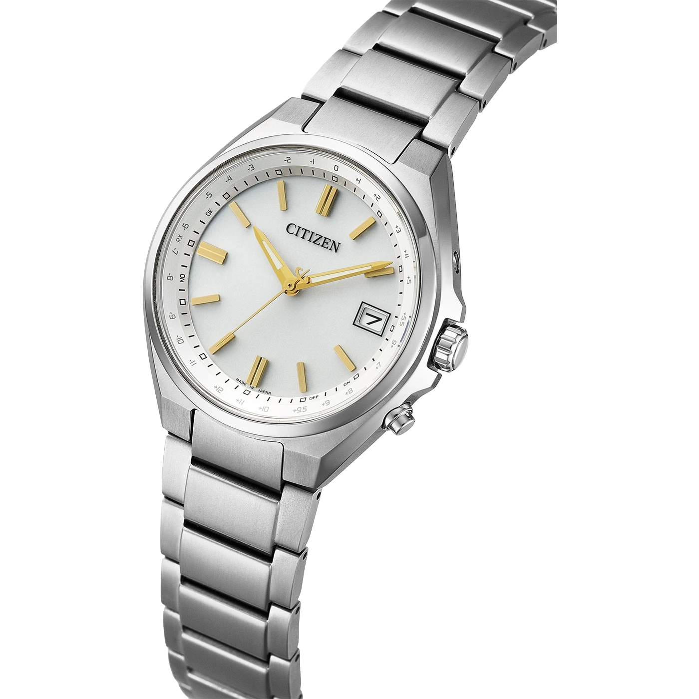 A close-up shot of a silver Citizen watch with gold accents and a white dial.