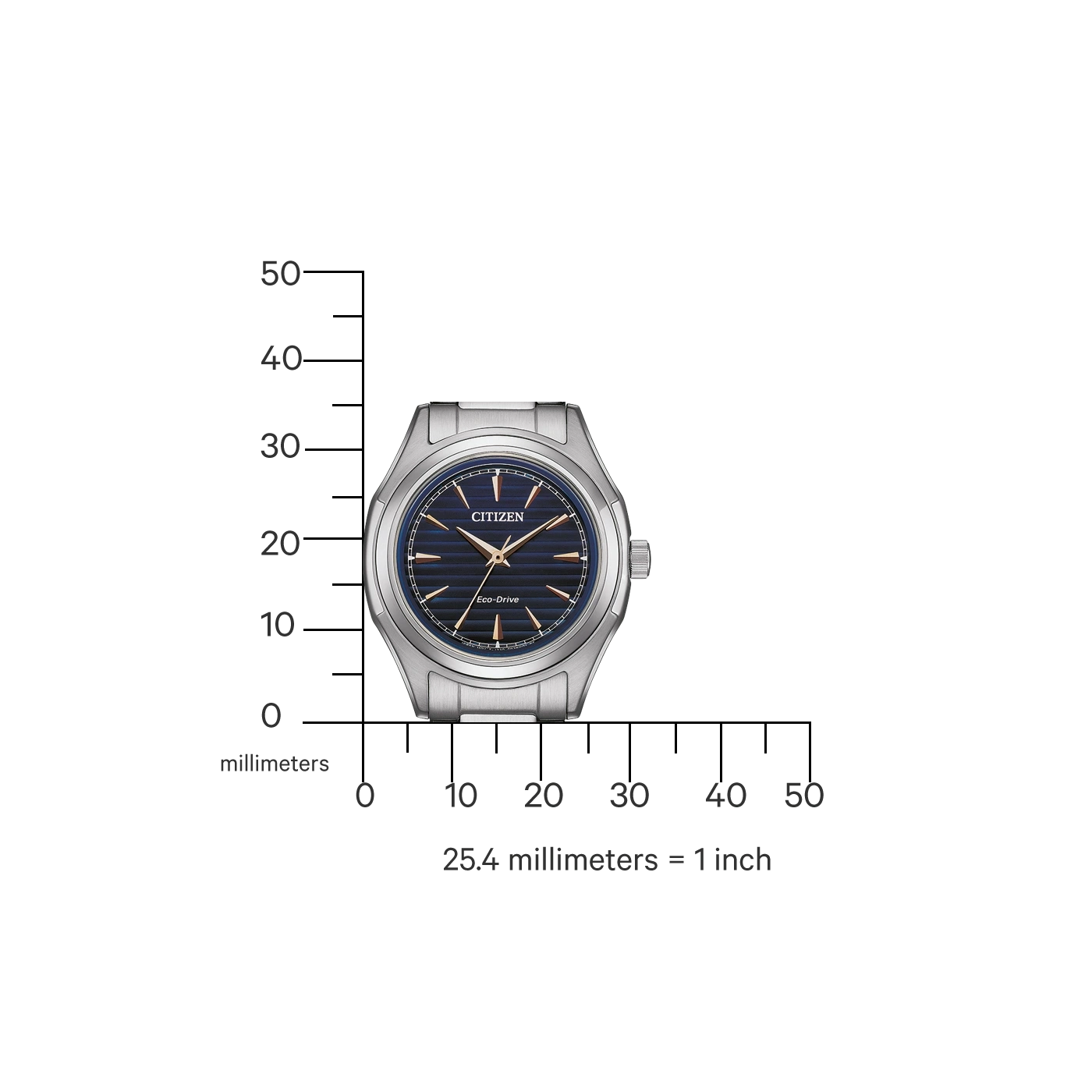 Citizen watch with blue face and silver band, with a millimeter scale.