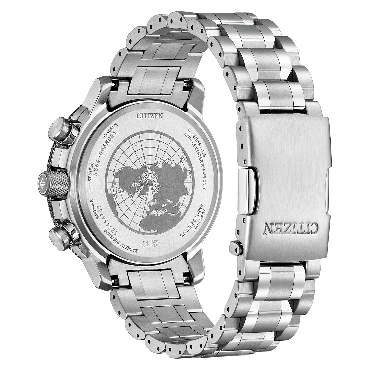 Citizen watch, stainless steel, Eco-Drive, radio controlled, water resistant, with a world map.