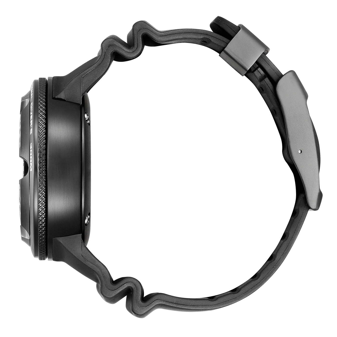 Black watch with a wavy strap, side view, isolated on white background.