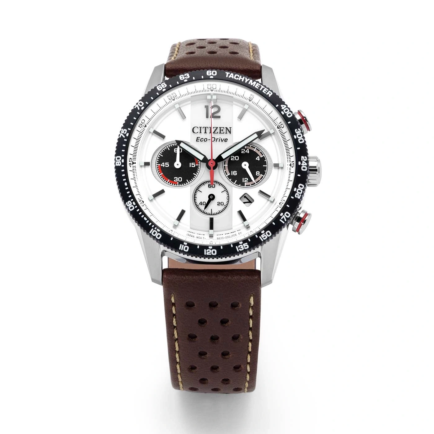 A white Citizen Eco-Drive chronograph watch with a brown leather strap.