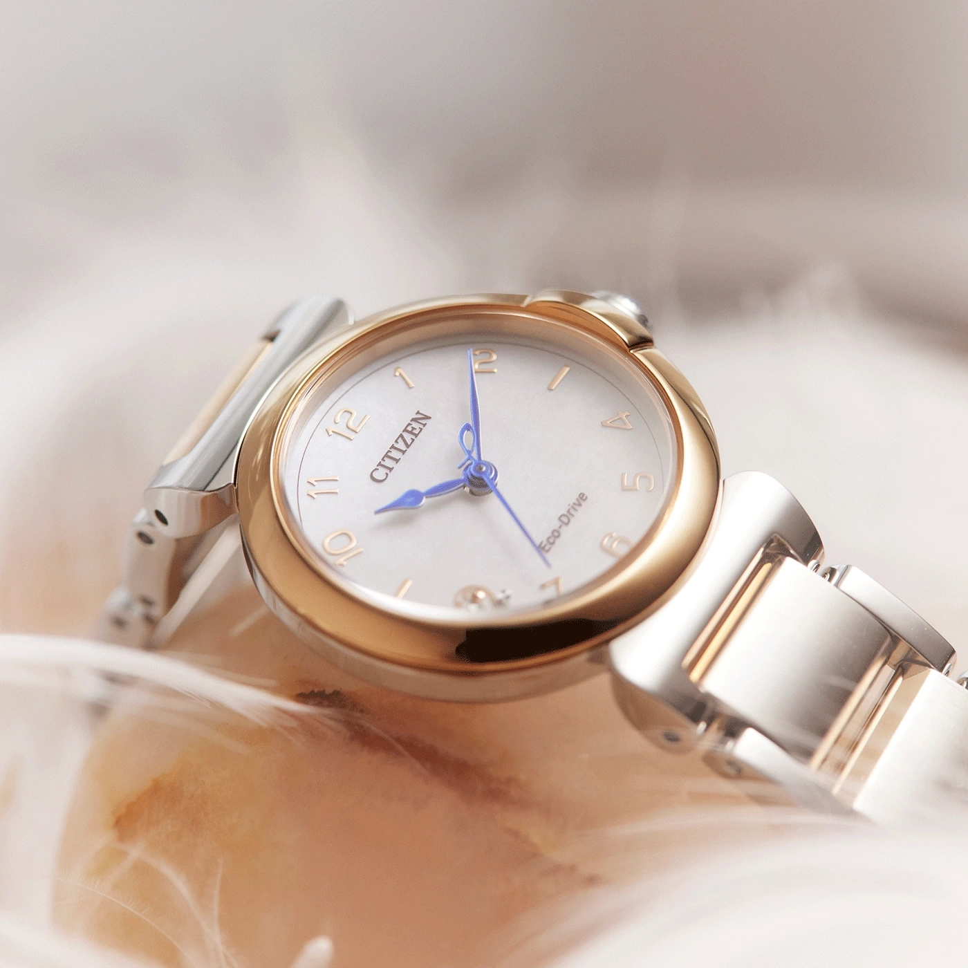 Citizen Eco-Drive watch with gold and silver accents on a soft background