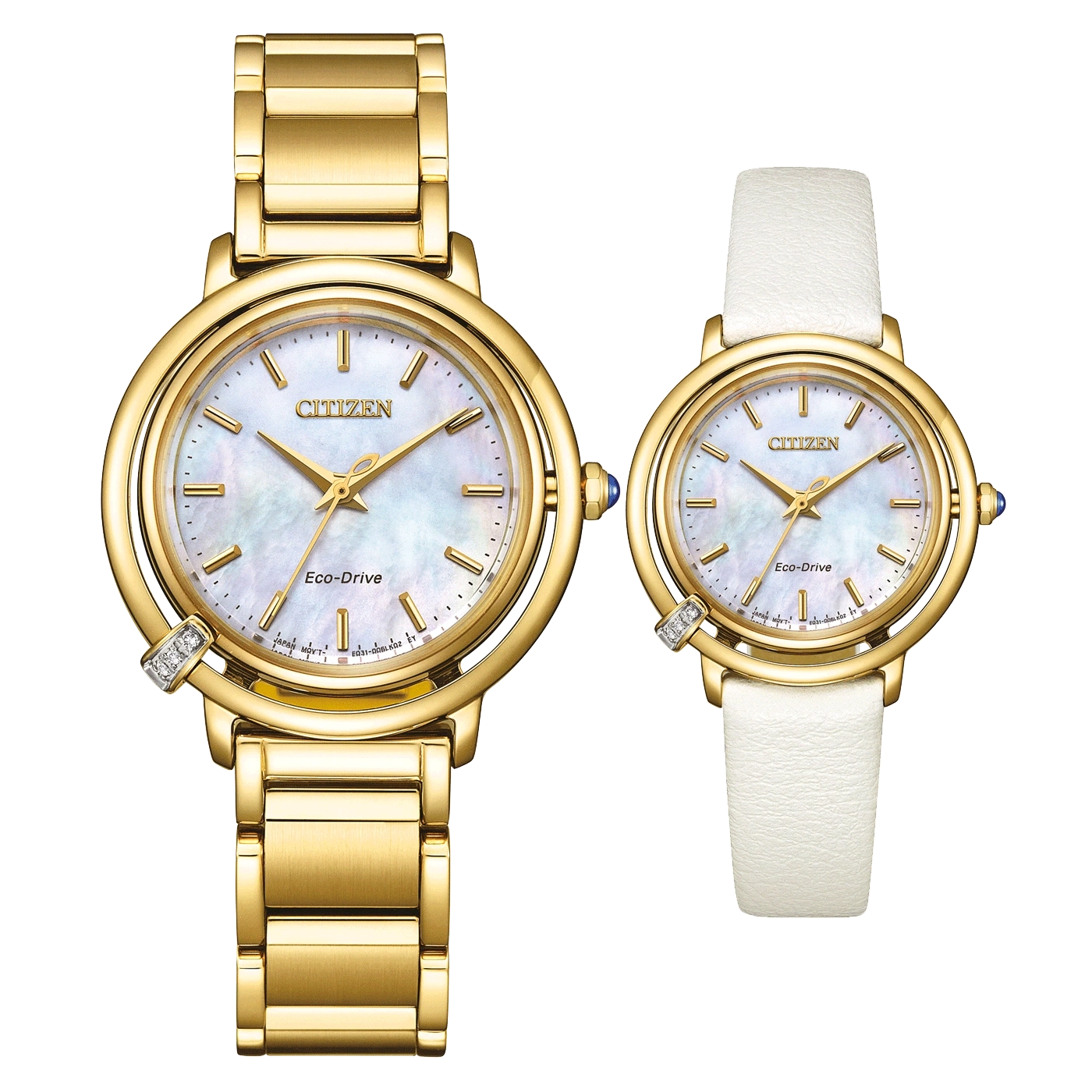Two gold Citizen Eco-Drive watches, one with a gold band, one with a white strap.