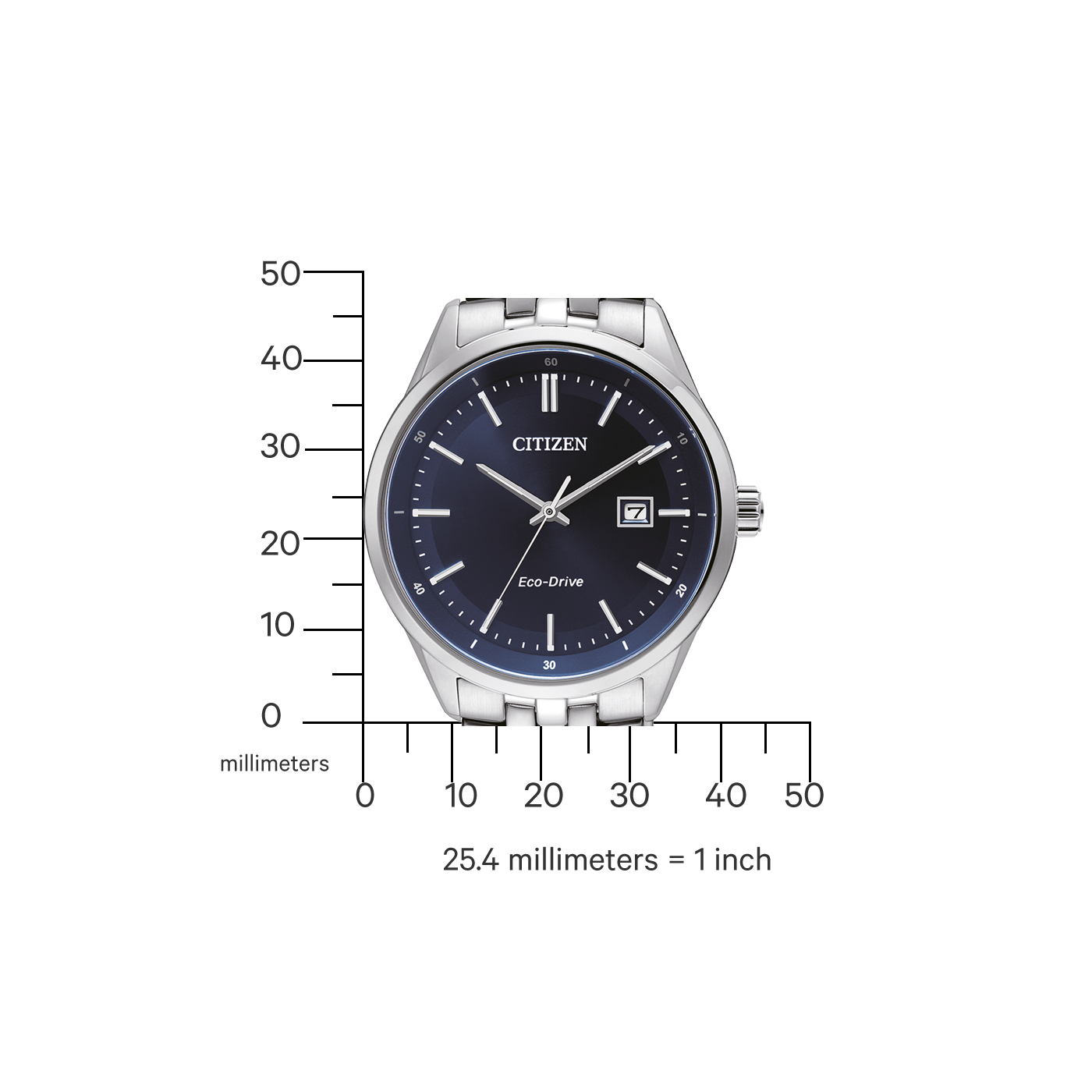Citizen watch with a dark blue face and silver band, Eco-Drive technology.