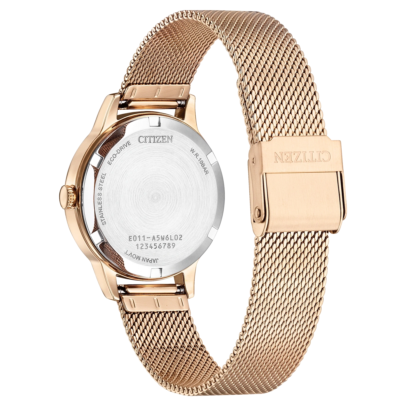 Citizen watch back, rose gold, stainless steel, Eco-Drive, W.R.10BAR, Japan Mov't
