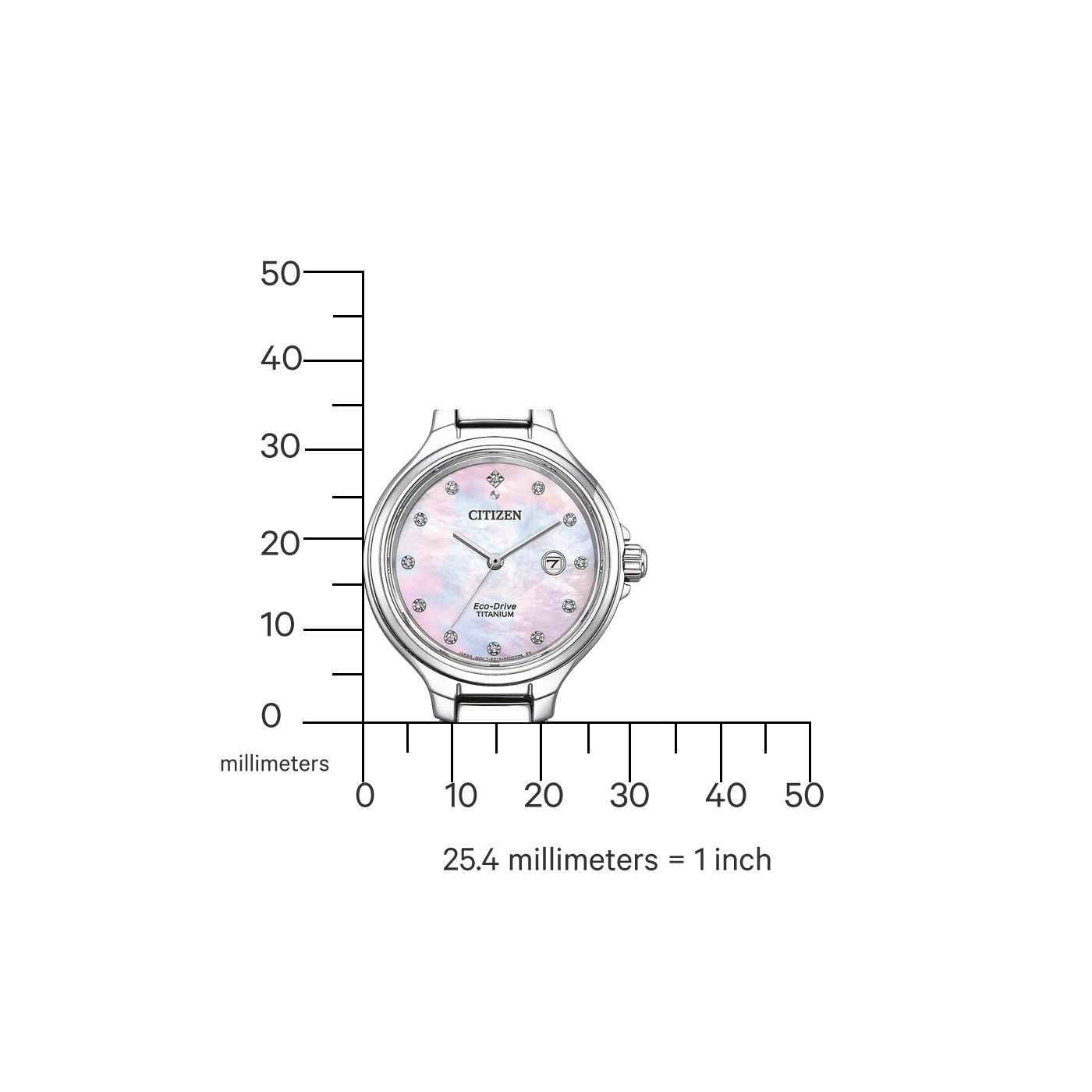 Citizen watch with a pearl face and diamond accents, measuring in millimeters.