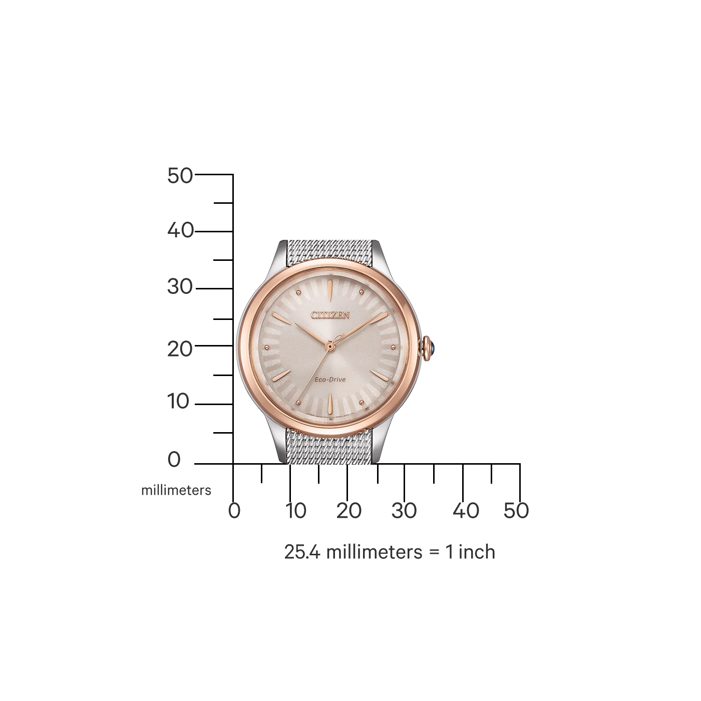 Citizen watch with rose gold accents, mesh band, and Eco-Drive technology, with a millimeter scale.