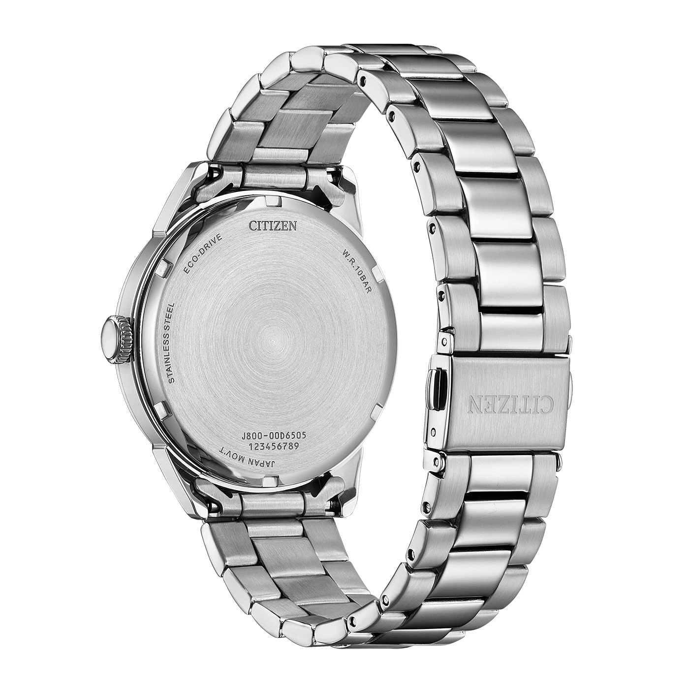 Back of a stainless steel Citizen Eco-Drive watch with model number.