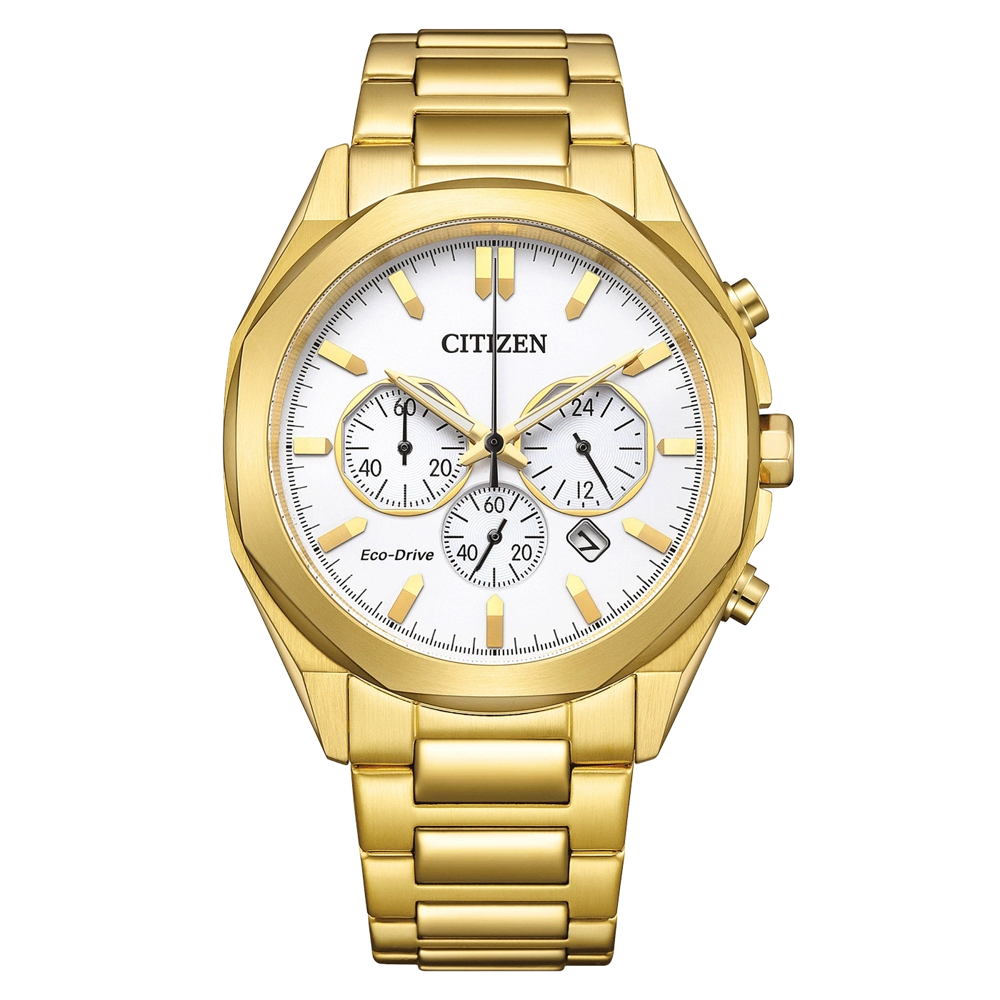 Gold Citizen watch with white face and chronograph features, Eco-Drive.