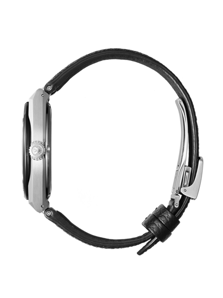 Seitenansicht einer silbernen Uhr mit schwarzem Lederarmband auf grünem Hintergrund.