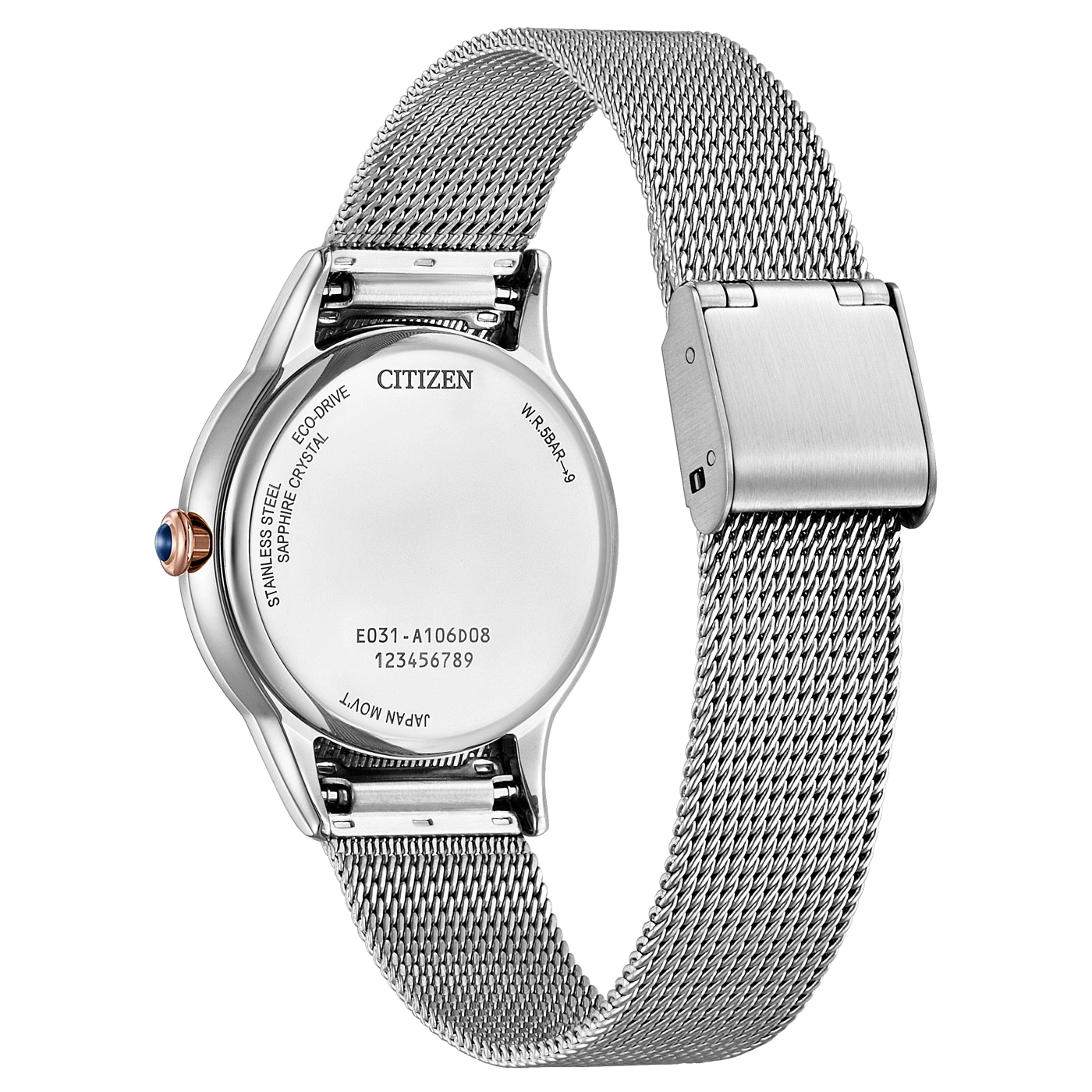 Citizen watch back, stainless steel, sapphire crystal, Eco-Drive, mesh strap, W.R.5BAR