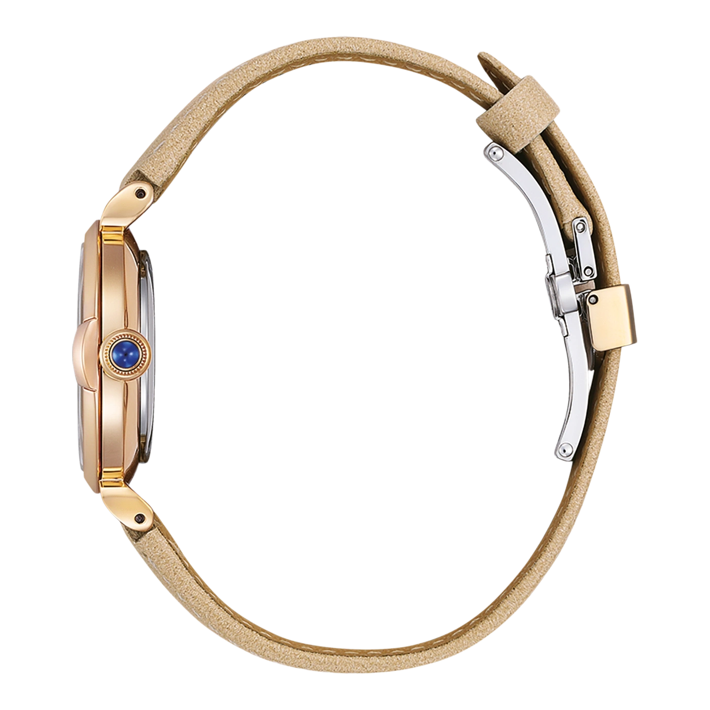 Rose gold watch with a blue gem and beige strap, side view.