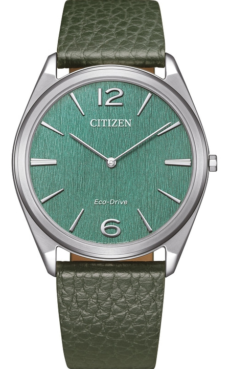 Citizen watch with green face and leather strap, elegant design.