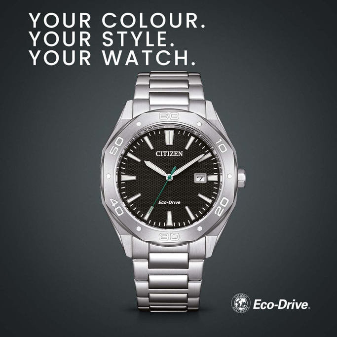 Citizen watch with black face and silver band, Eco-Drive technology.