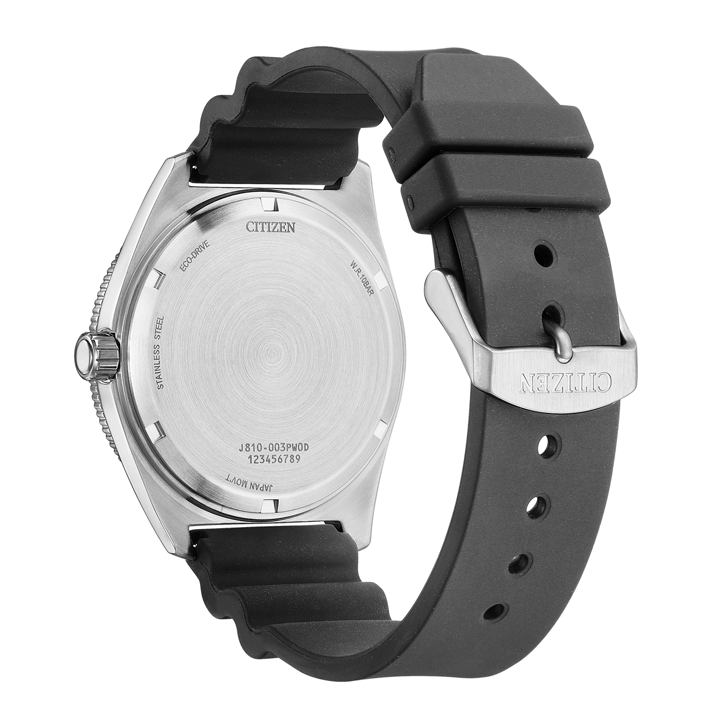 Back of a Citizen Eco-Drive watch with a black rubber strap.