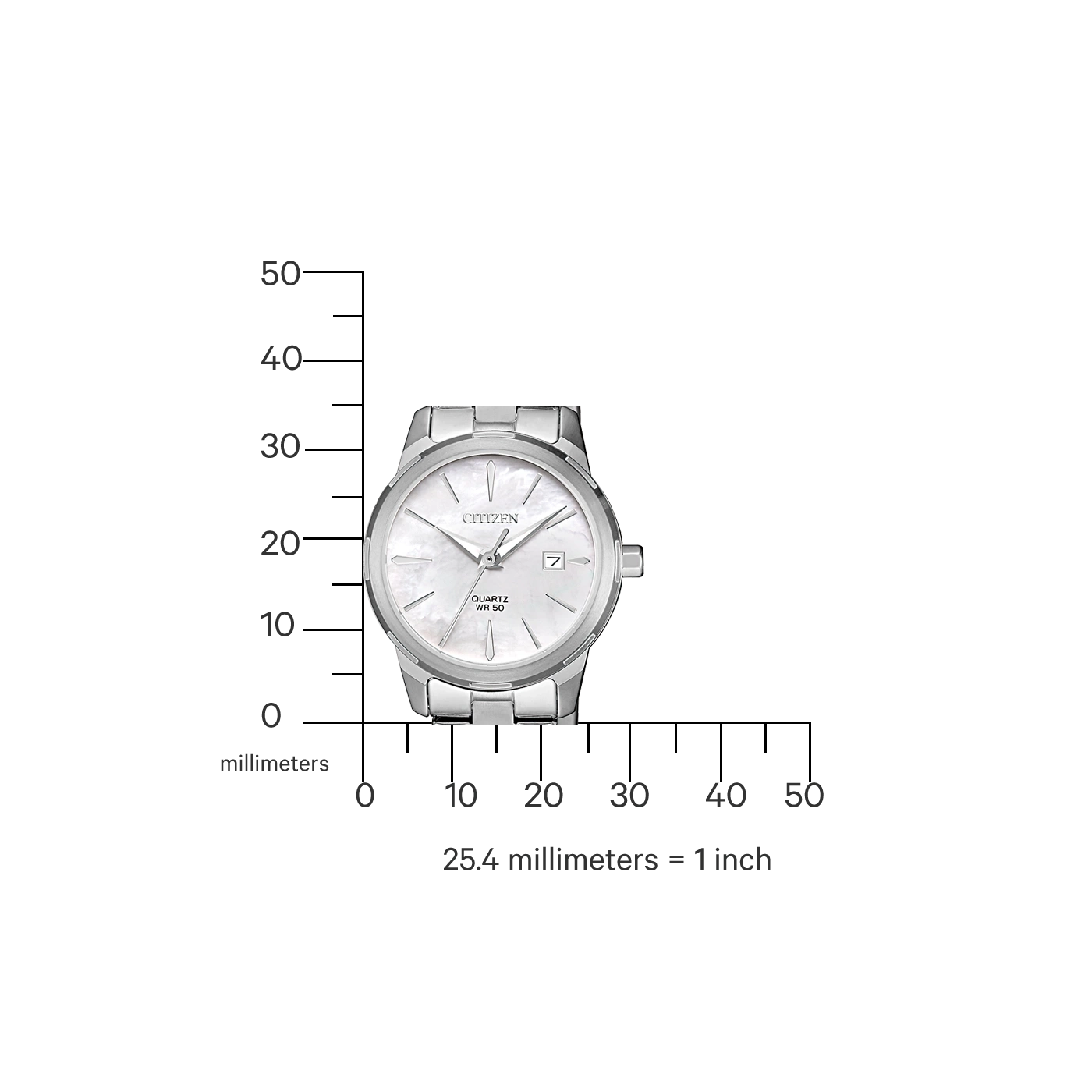 Citizen watch with a white face and silver band, with a scale in millimeters.