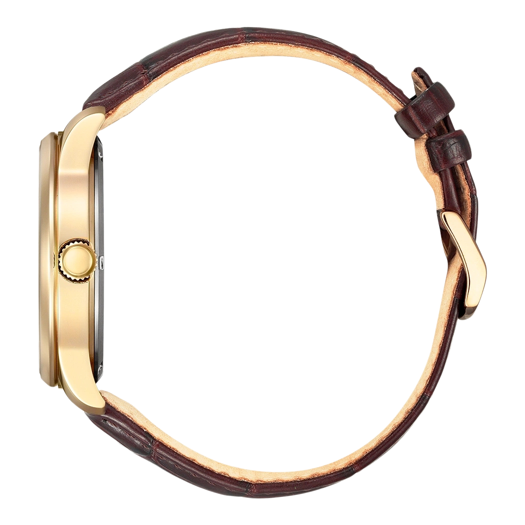 Side view of a gold watch with a brown leather strap.