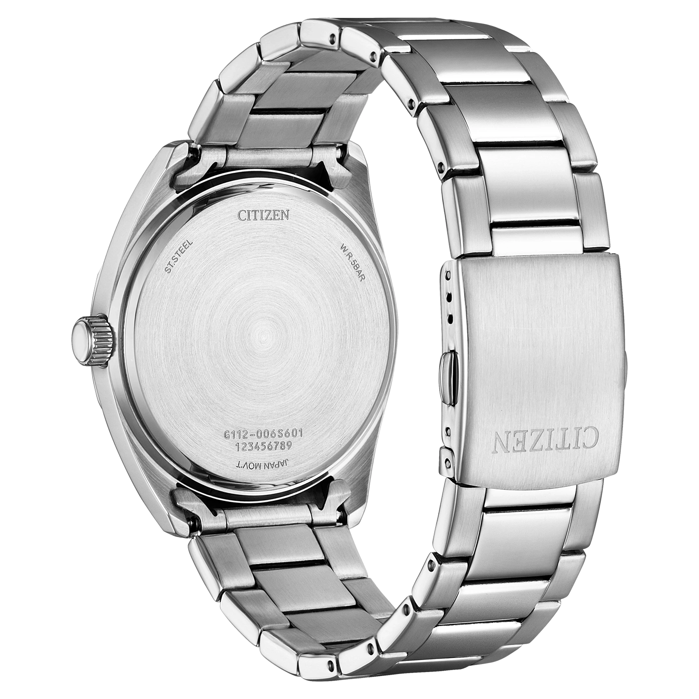 Citizen watch back, stainless steel, silver, with brand name and details.