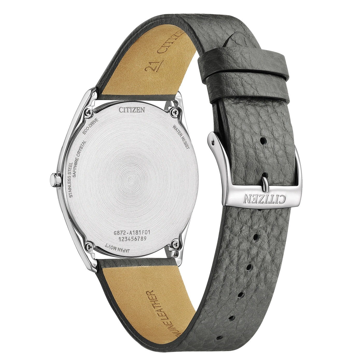 Citizen watch back, stainless steel, leather strap, Eco-Drive, water resist, sapphire crystal