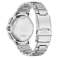 Back view of a brushed stainless steel Citizen Eco-Drive watch.