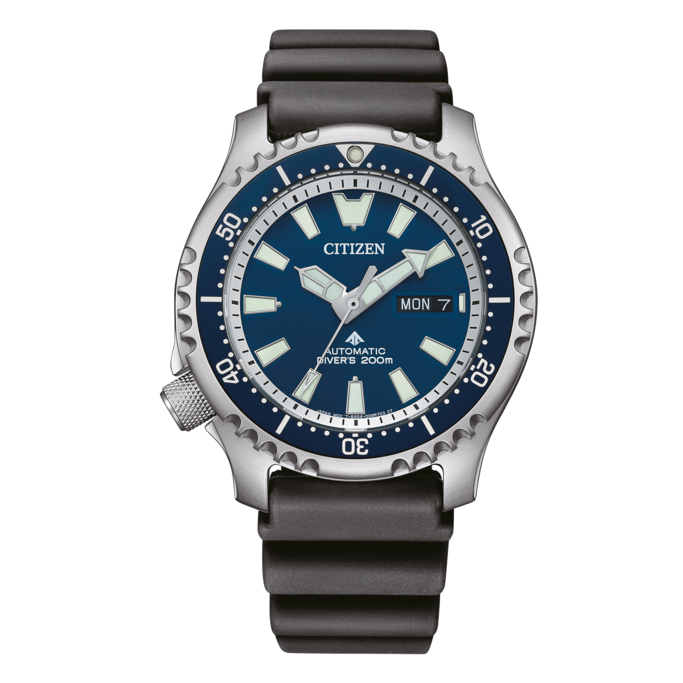 Citizen automatic diver's watch with blue face and black rubber strap
