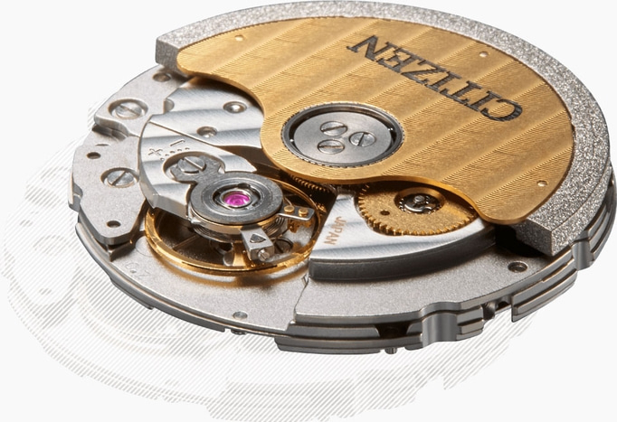 Close-up of a Citizen watch mechanism, showing intricate details and gears.