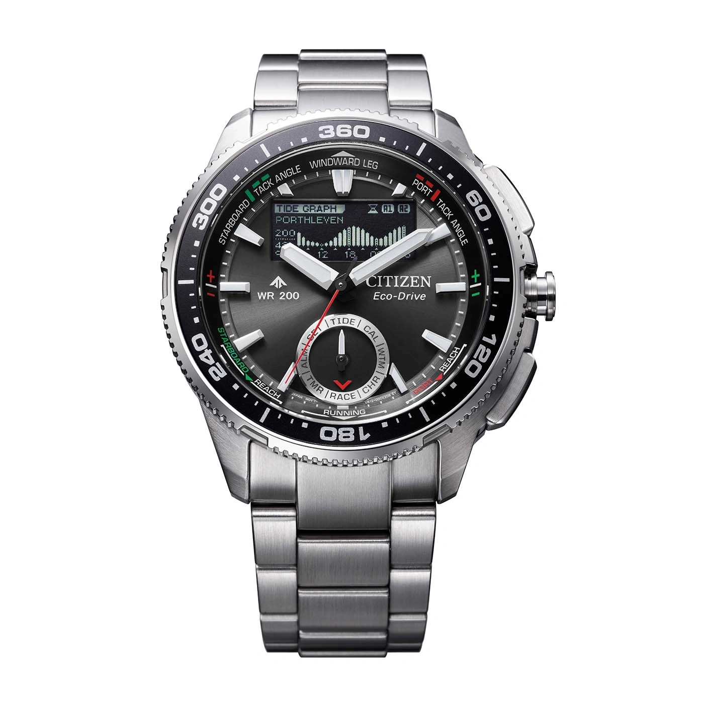 A Citizen Eco-Drive watch with a dark dial, silver band, and tide graph display.