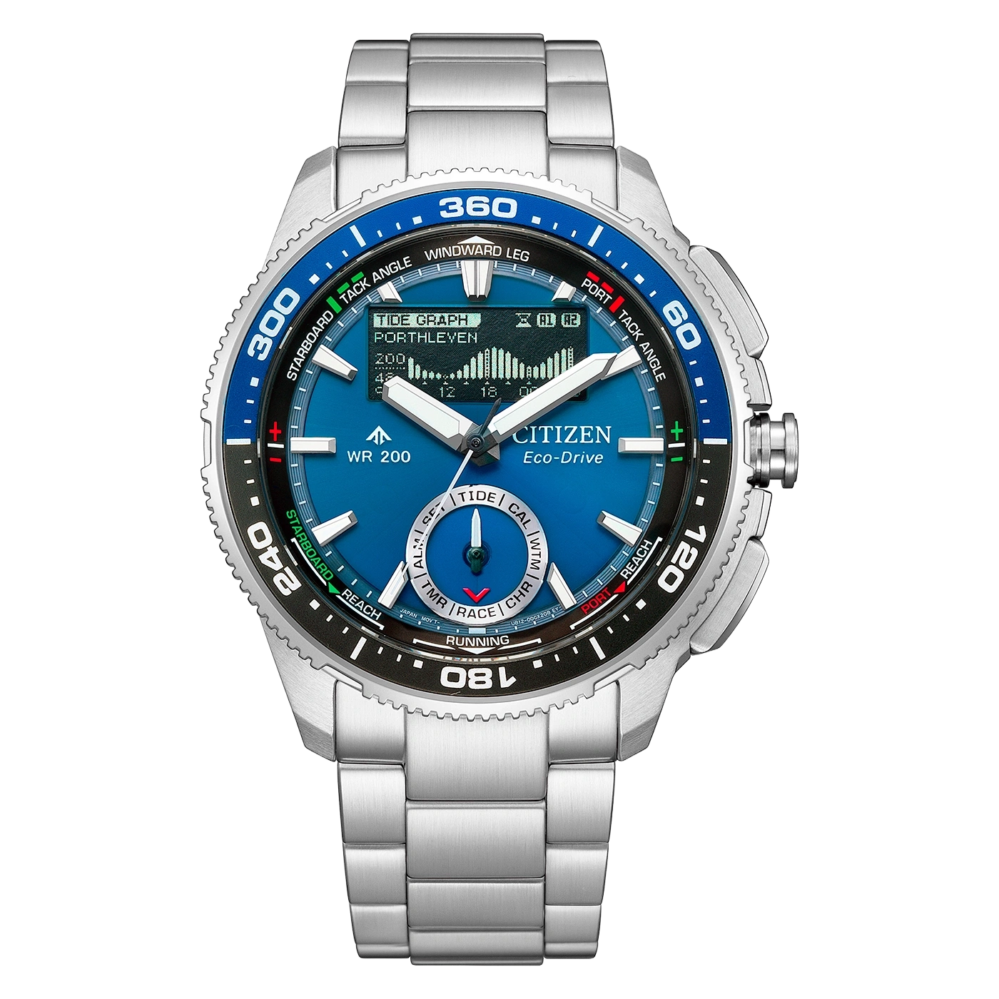 A Citizen Eco-Drive watch with a blue dial and metal band.