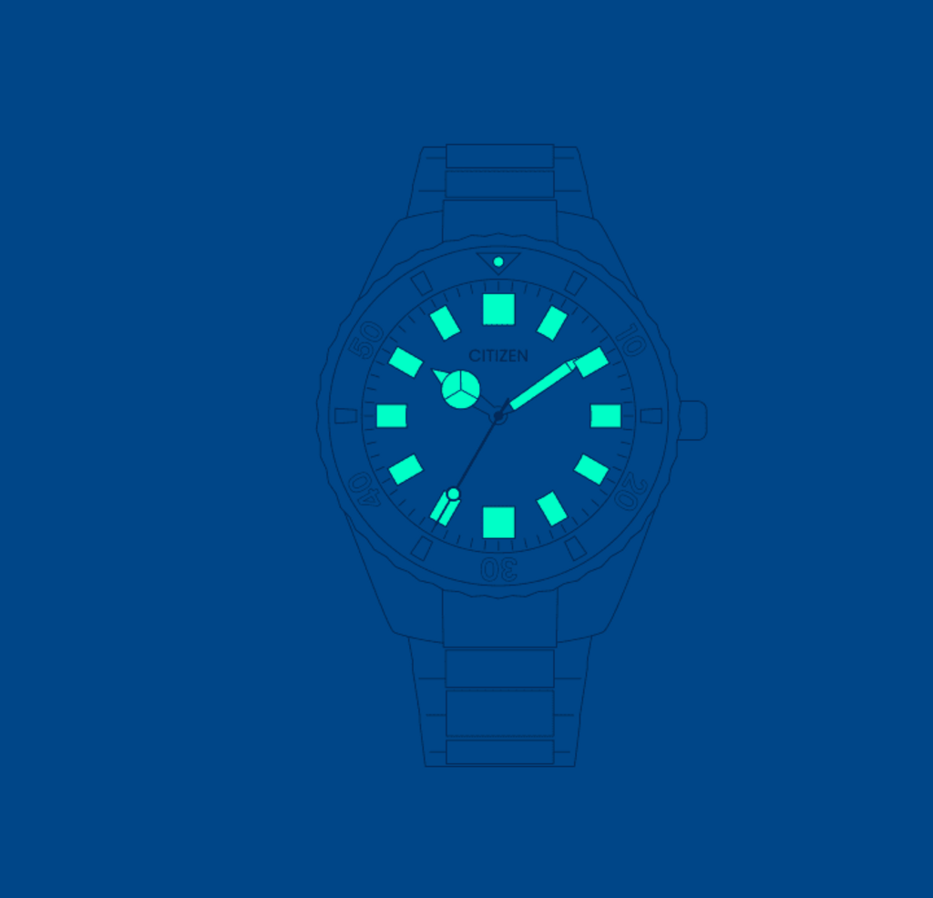Citizen watch with glowing markers and hands on a blue background.