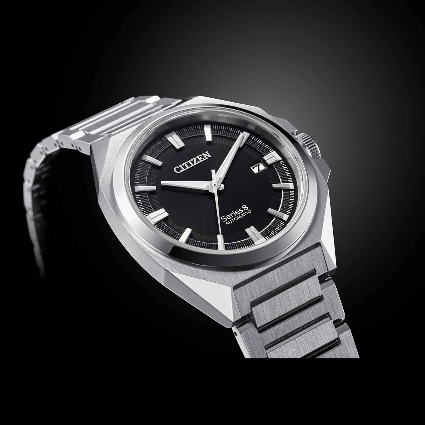 Citizen Series 8 automatic watch with black dial and silver bracelet