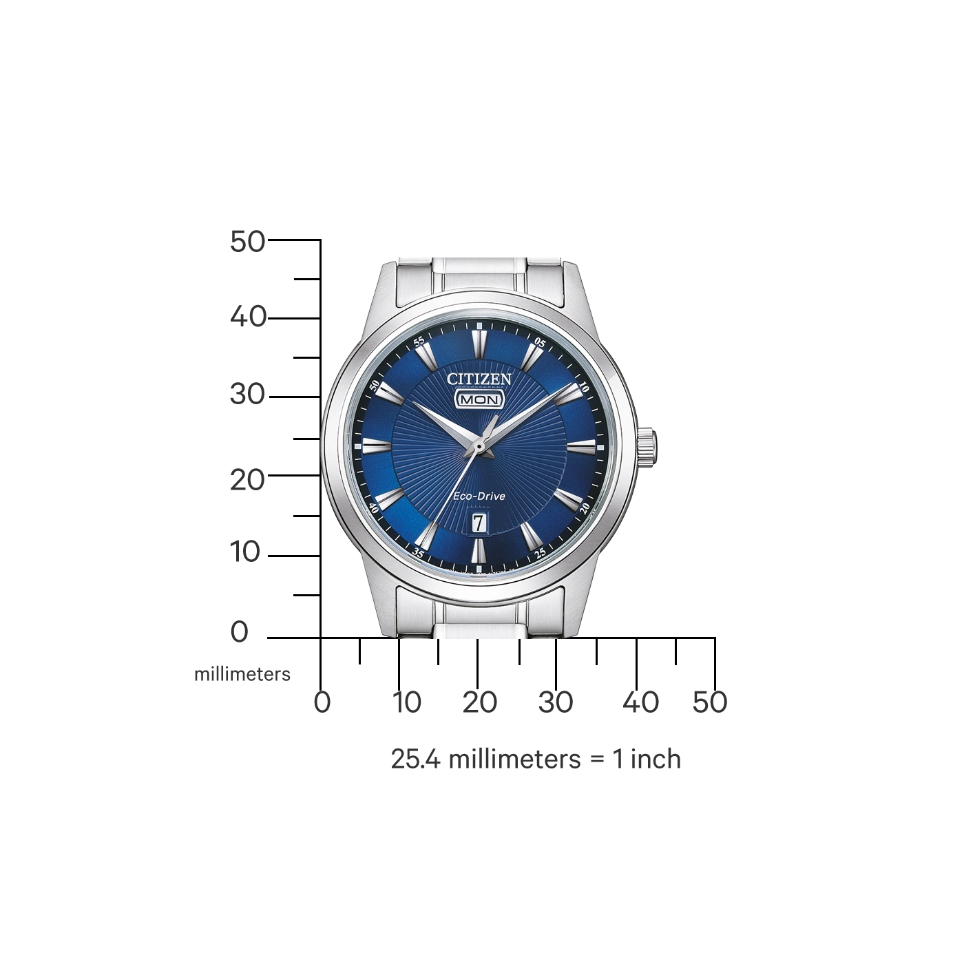 Citizen watch with blue face, Eco-Drive, and date display, stainless steel band.