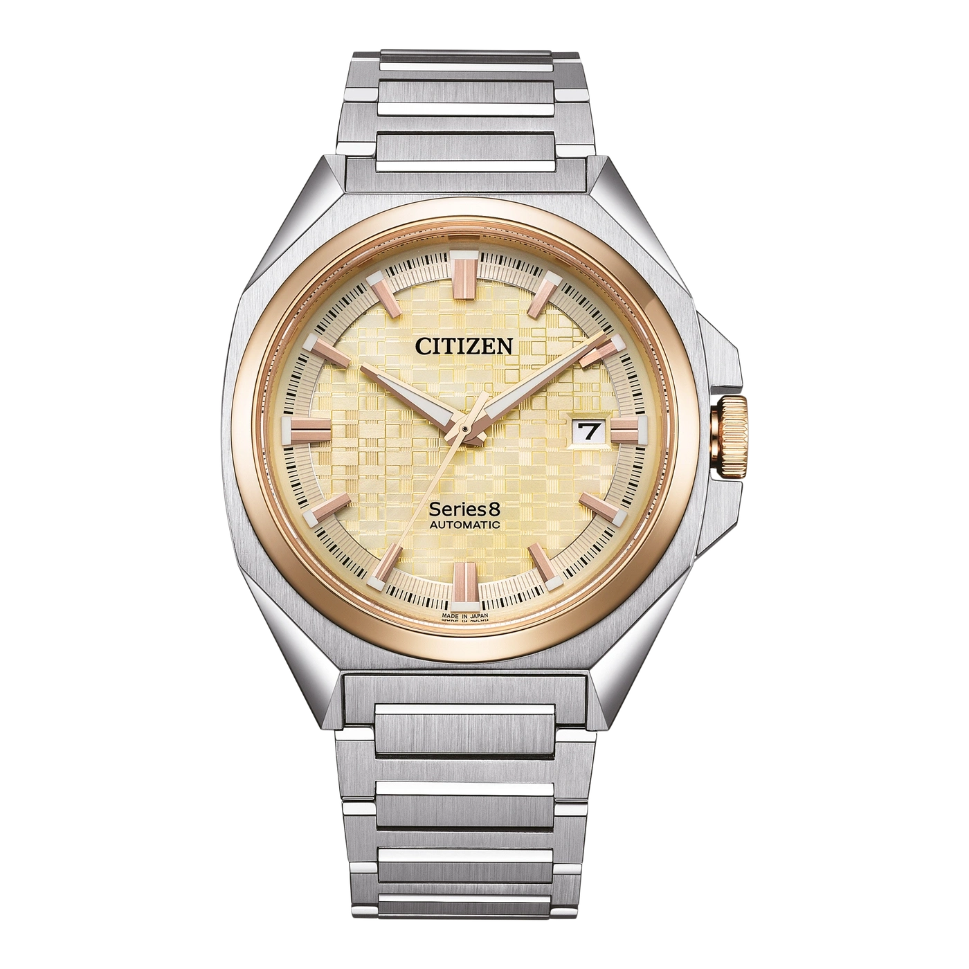 Citizen Series 8 automatic watch with gold and silver accents and a date display.