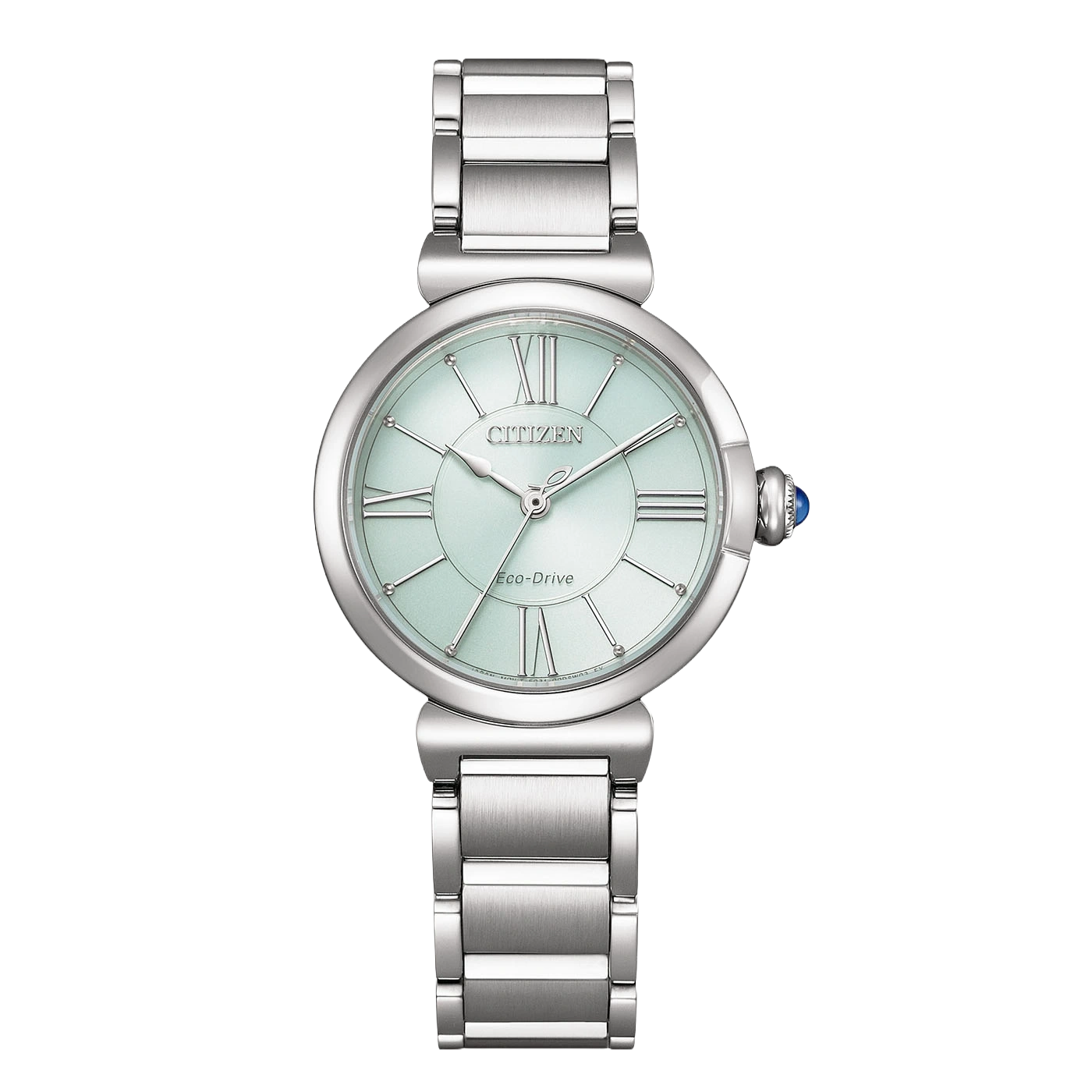 A silver Citizen Eco-Drive watch with a light blue face and Roman numerals.