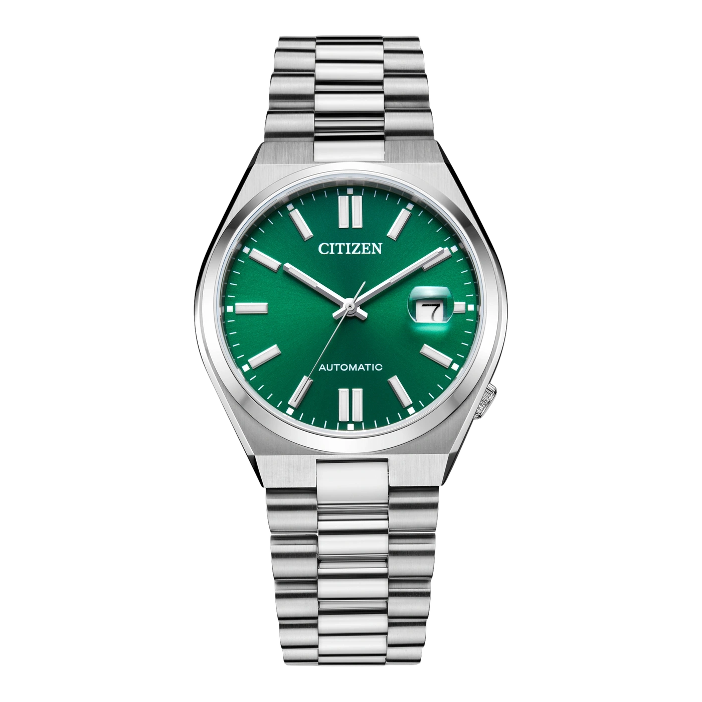 Citizen watch with green dial and silver bracelet, automatic movement.