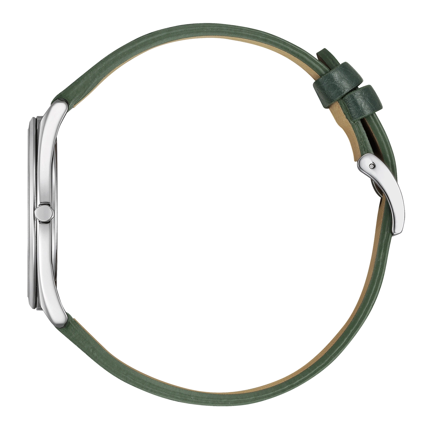 Side view of a silver watch with a green leather strap.