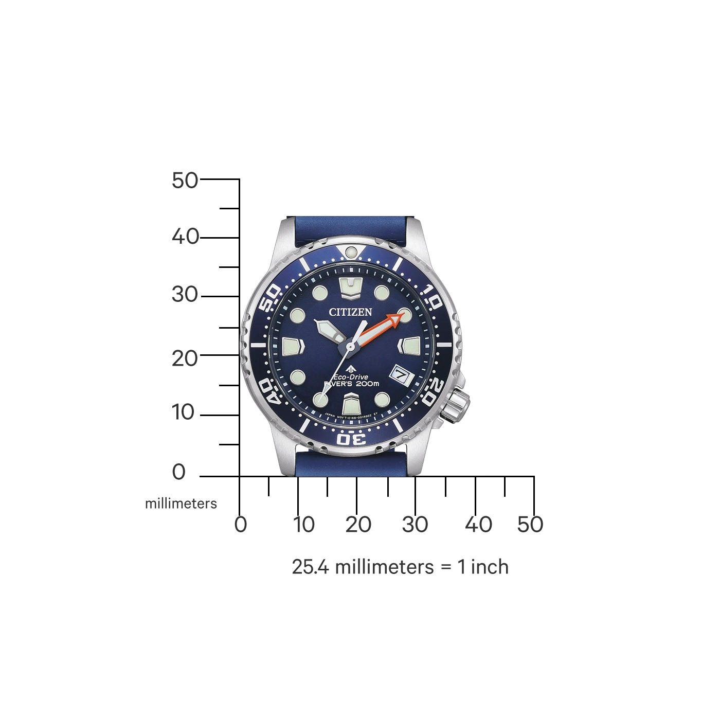 Citizen watch with blue dial and strap, measuring scale in millimeters.