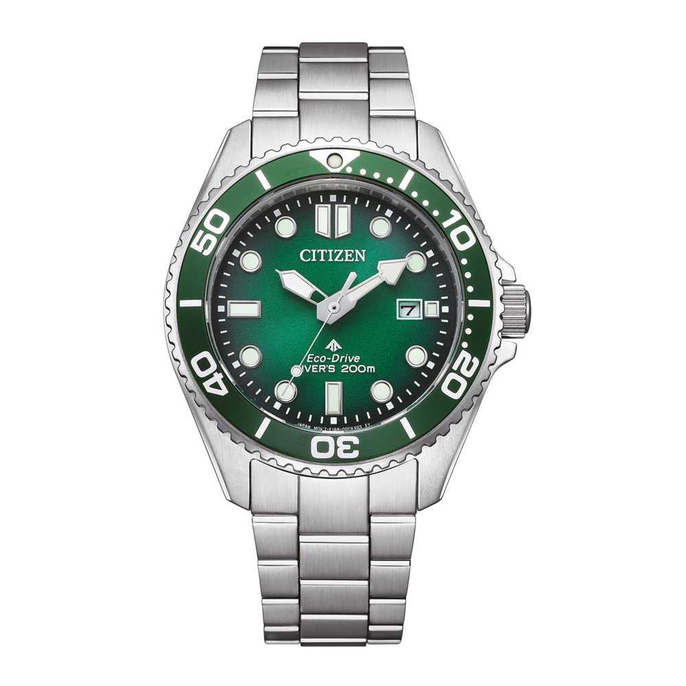 Citizen watch with green dial and bezel, stainless steel bracelet