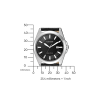 Citizen watch with black face, silver case, and black leather strap. Eco-Drive.