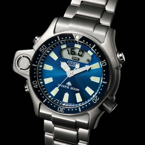 Citizen watch with blue face, digital display, and diver's 200m rating.