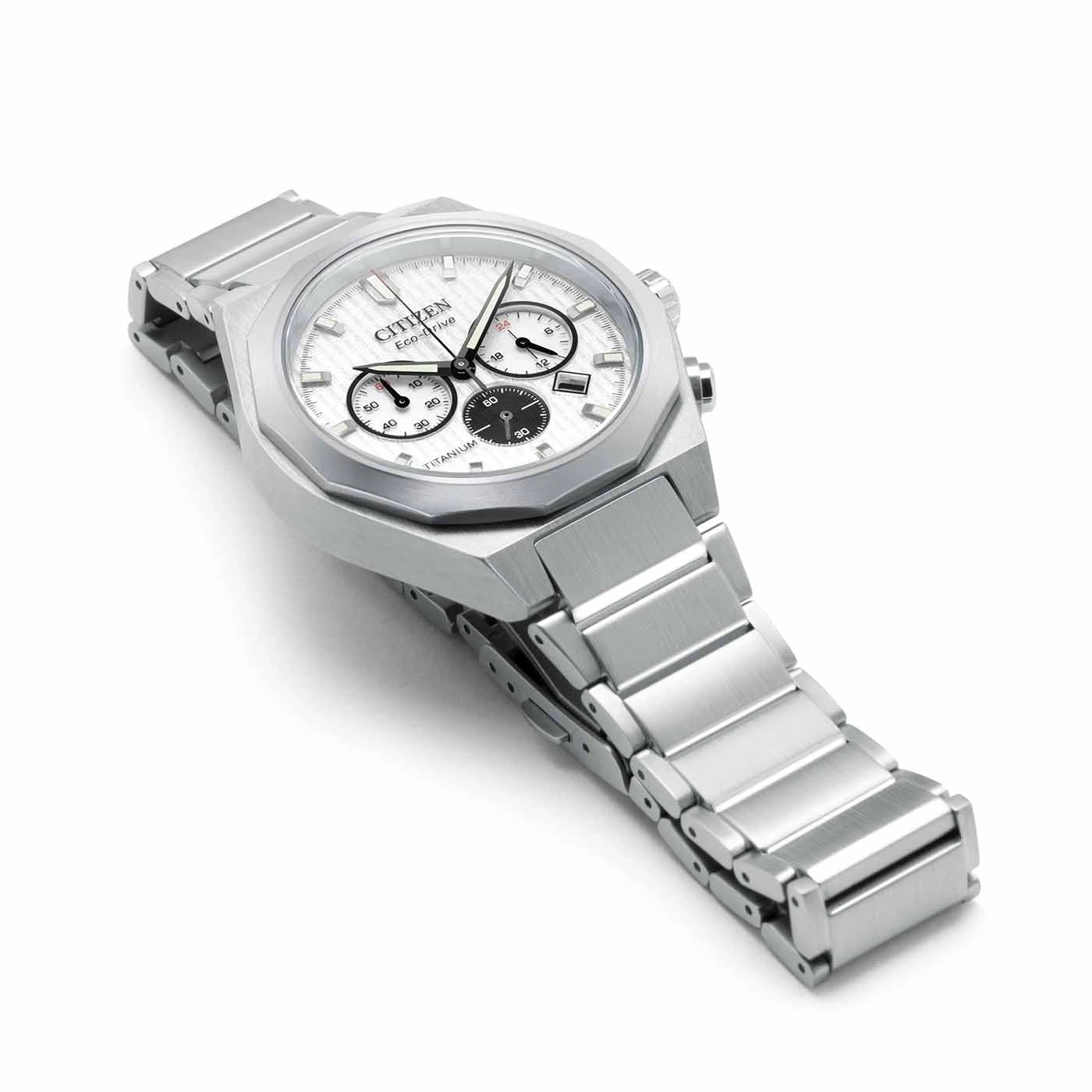 Citizen Eco-Drive titanium watch with a white dial and chronograph features.