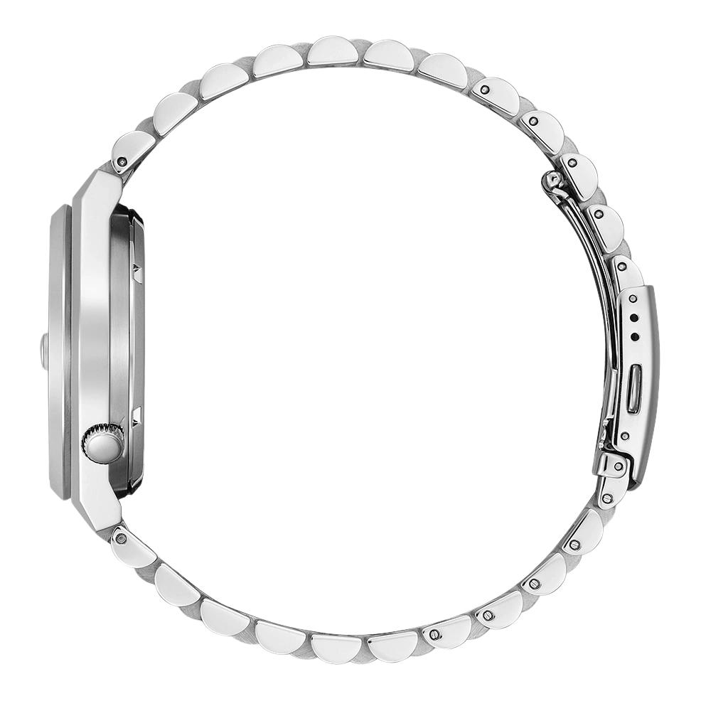 Side view of a silver watch with a metal band, elegant design.