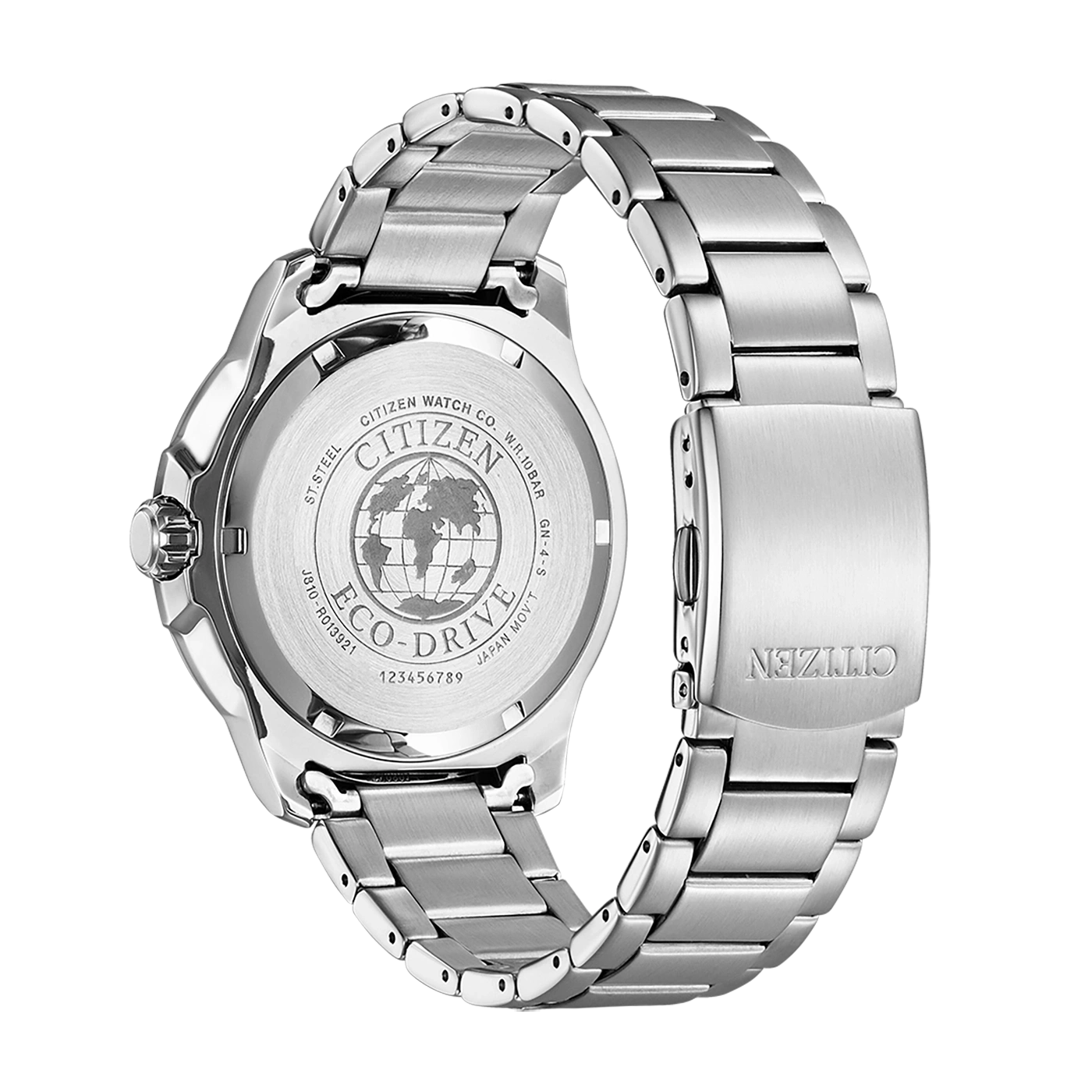 Citizen watch back, stainless steel, Eco-Drive, with the brand logo and text.