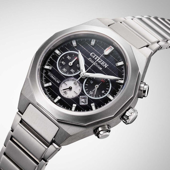 Citizen Eco-Drive watch with titanium case and black dial, chronograph.