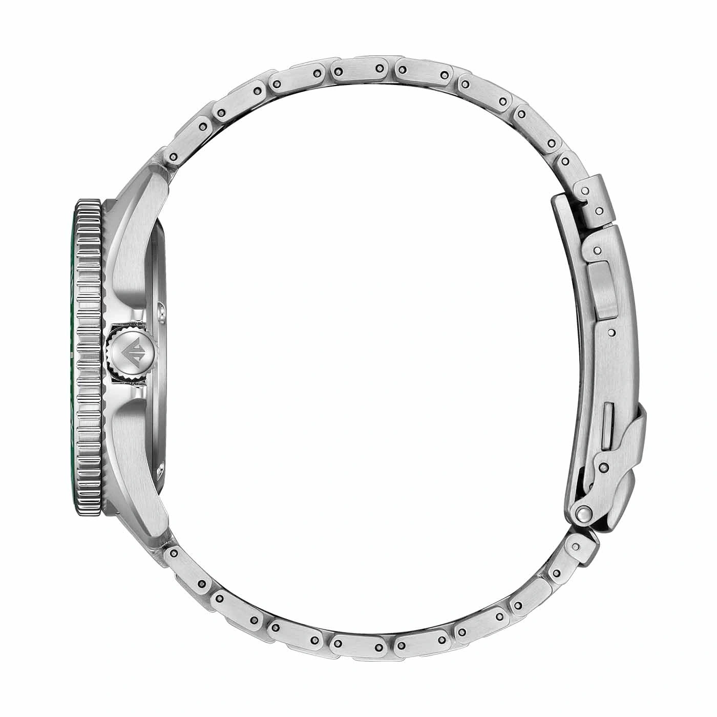 Side view of a silver watch with a green bezel and metal band.