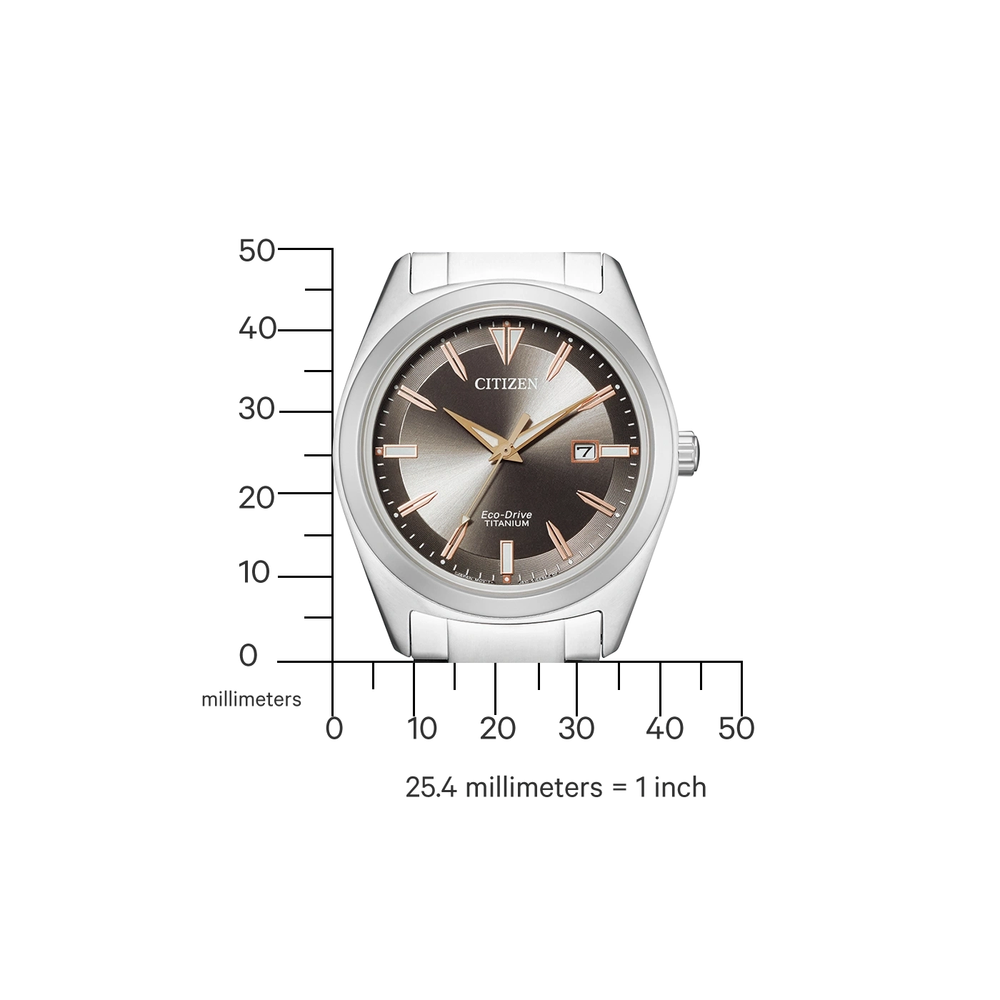 Citizen watch with a titanium case, Eco-Drive, and a date display.
