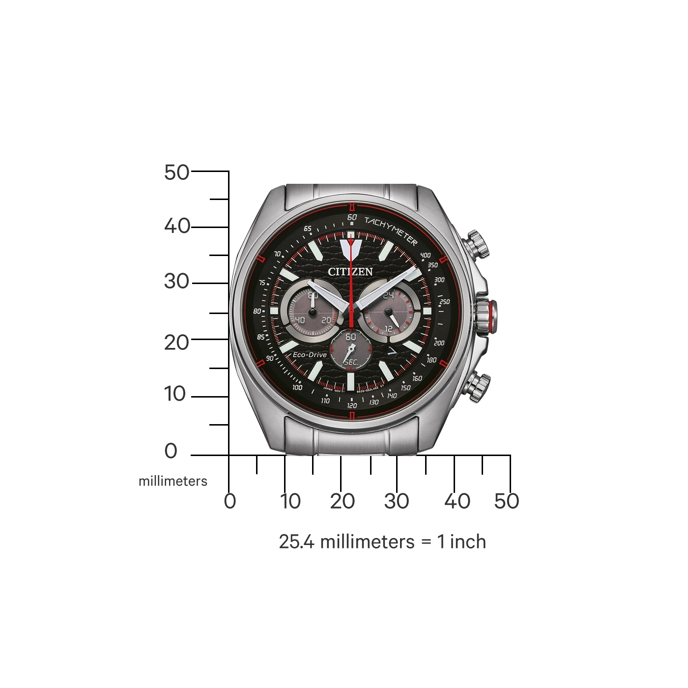 Citizen watch with black face, chronograph, and tachymeter scale, showing time.