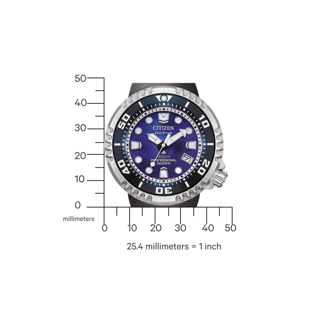 Citizen Eco-Drive watch with blue face, black bezel, and measurement scale.